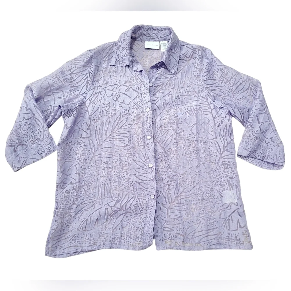Alfred Dunner Purple Sheer Burnout Button Front Blouse Women’s Size 14 Floral - Picture 3 of 11